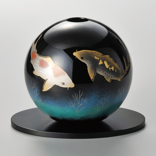 丸型花器（花台付） 沈金サッカーボール 白 漆塗り 漆器の井助