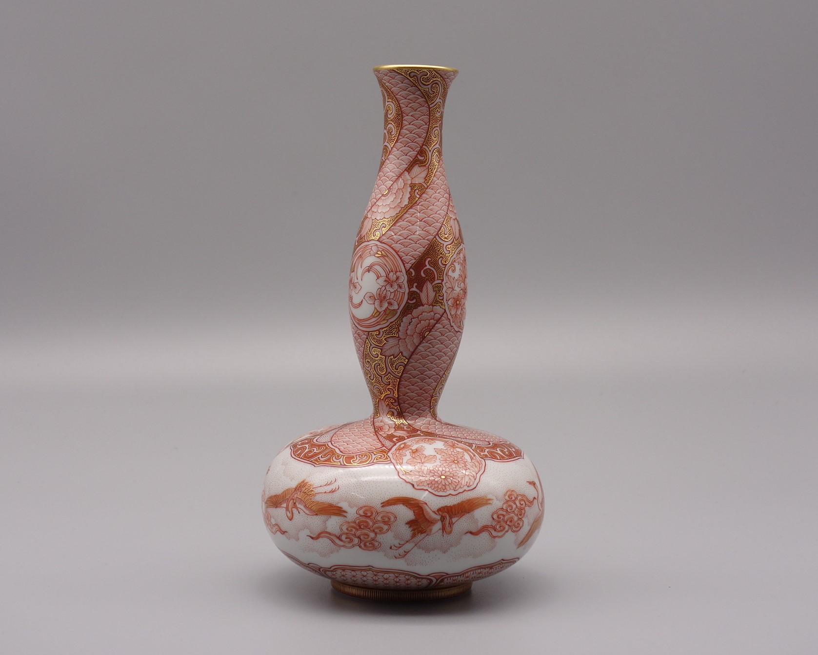 湖東焼 金蘭赤絵 人物図 花瓶 徳利 在銘 湖東焼 金蘭赤絵 人物図 花瓶