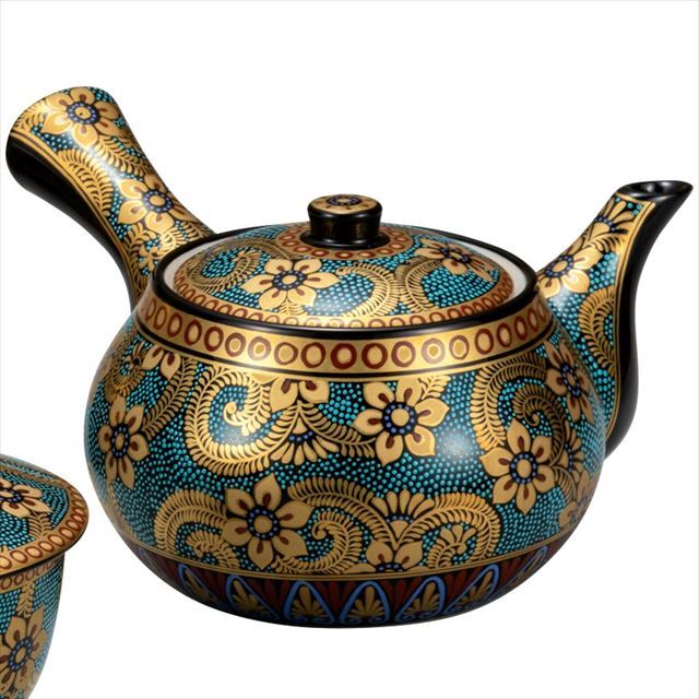 2086 九谷焼 青粒 茶器セット 急須1客 湯呑蓋付5客 金彩 【公式通販】