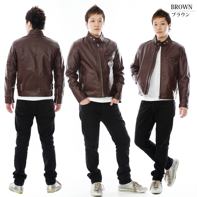 牛革 シングルライダースジャケット メンズ ブラウン S/M/L/LL/3L/4L