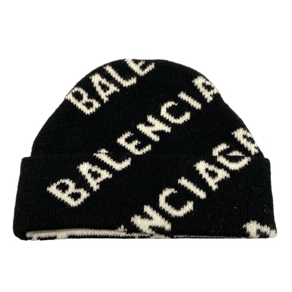 バレンシアガ ニット帽 55/61 ロゴ ビーニー 633717 黒×白 ウール