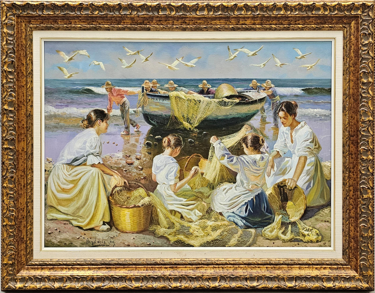 油彩画 漁船と漁師 A. De La Cruz 油彩画 漁船と漁師 A. De