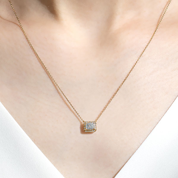 K18YG ルシーダ ラディアントカット ダイヤモンド ヘイロー ネックレス