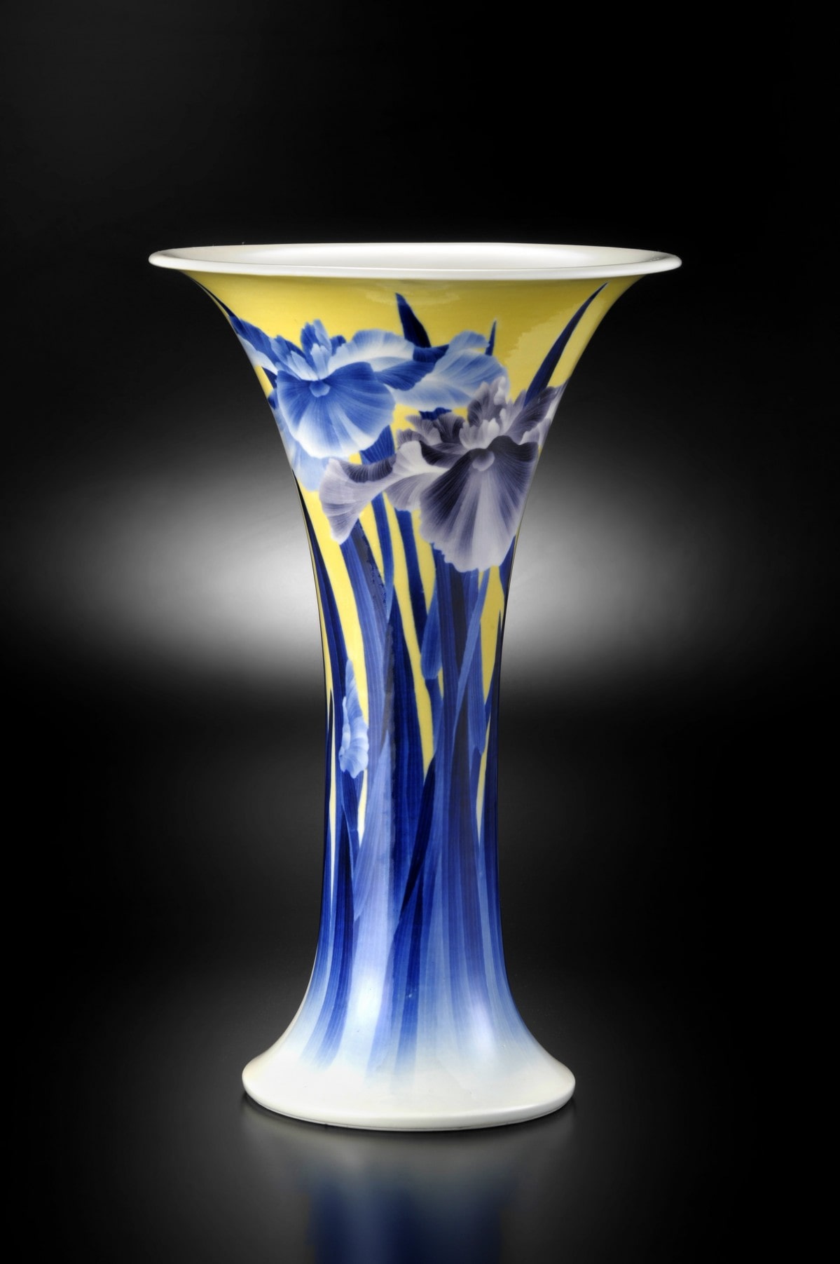 真葛香山 宮川香山 黄釉 青華 梧桐画 花瓶 共箱 真葛焼 青花