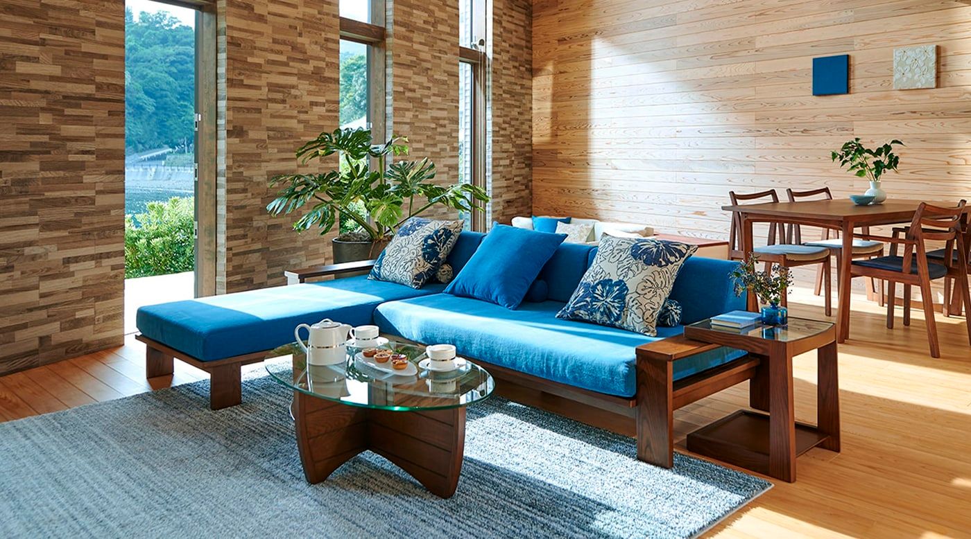 3人掛けソファ、ソファベッド、デニムソファ、収納ソファ、ブルー