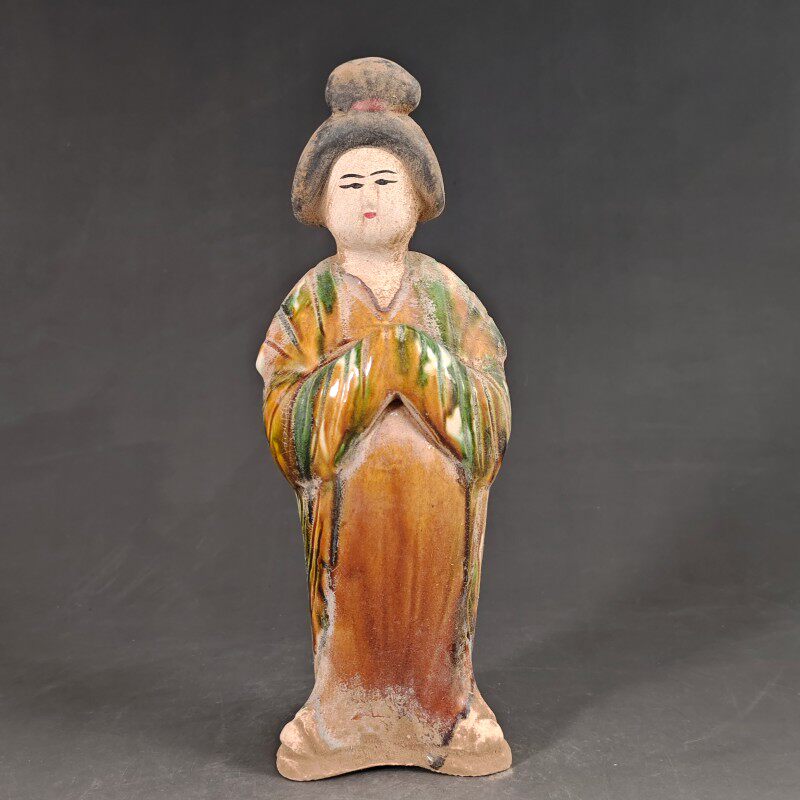 唐三彩 人形 加彩人物俑 中国古陶 古玩 侍女 唐三彩 唐三彩仕女陶俑