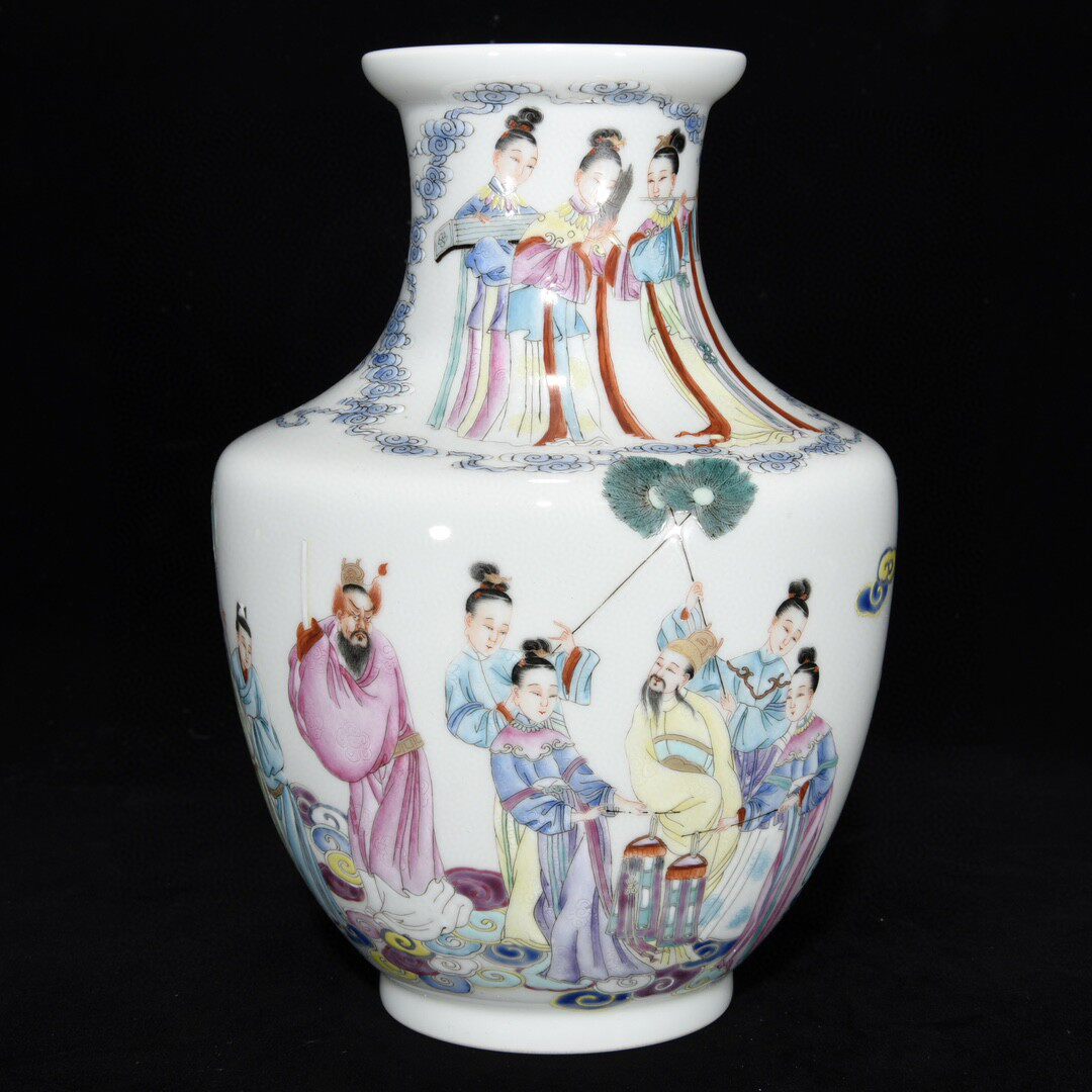 清時代 雍正年製款 古陶磁器 粉彩 人物故事紋 盤口瓶