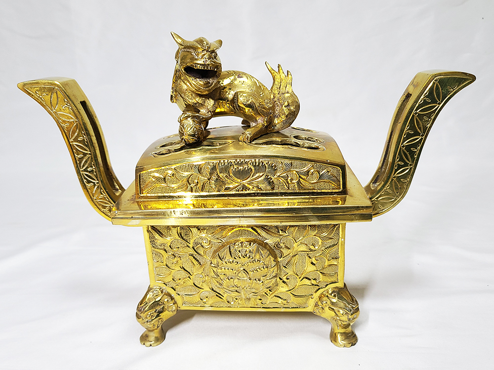 香炉 寺院仏具 獅子摘双耳三足香炉 真鍮製 金属工芸 ミ10 香炉 寺院