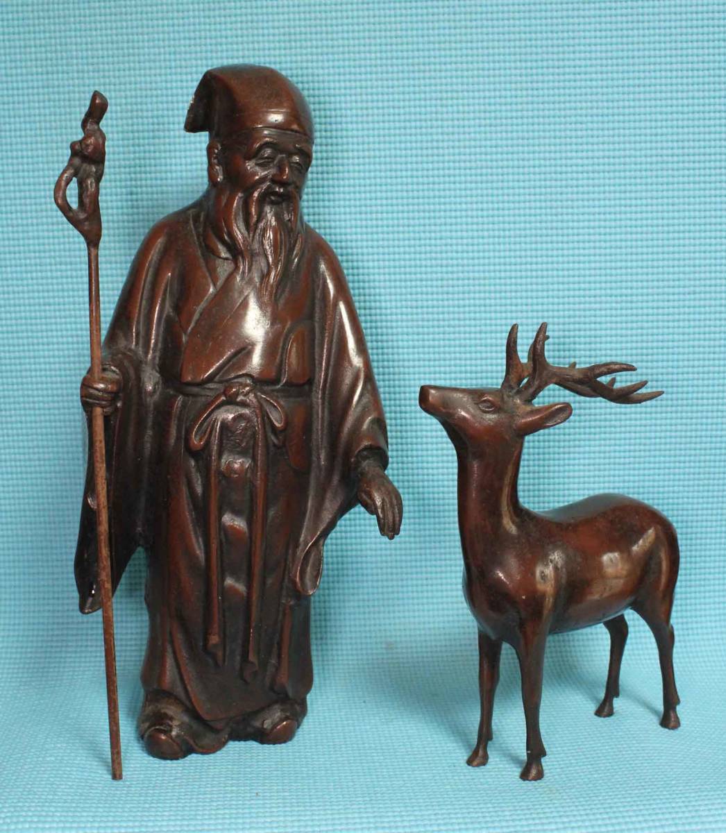EE015 時代物【金工師 勝雲 作】銅製「鹿寿老人」高16.5cm 重3.5kg