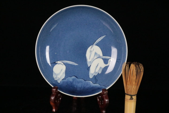 藍鍋島流水鷺図変形皿、5枚。