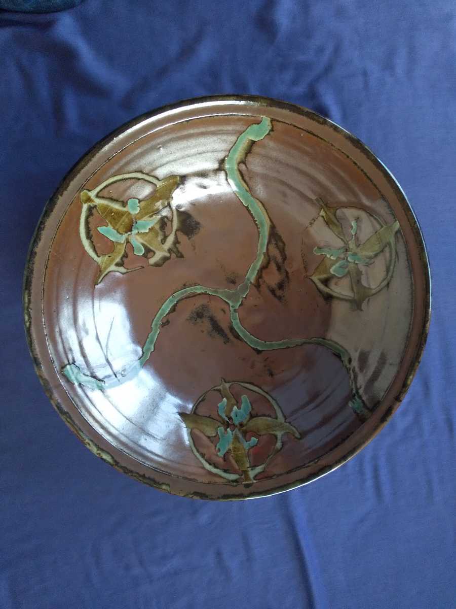 人間国宝 浜田庄司 】 柿釉青差角盛皿 40cm本人作 蔵出初品 人間国宝