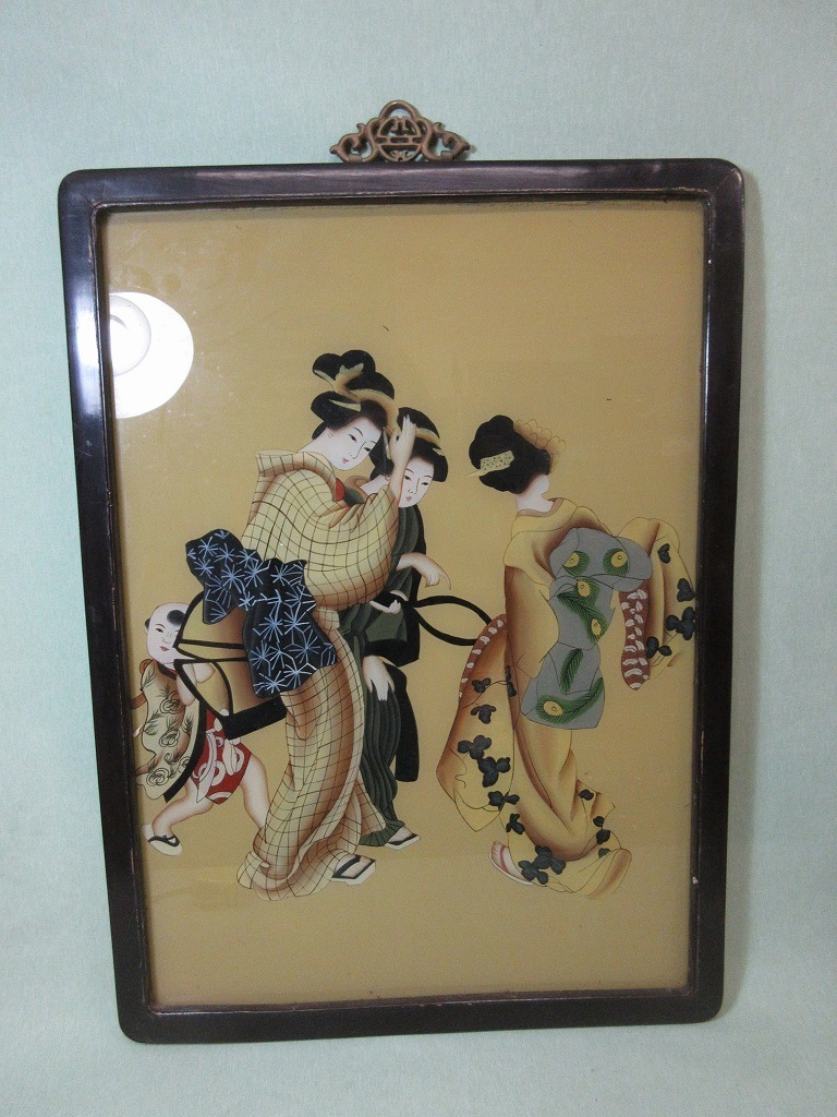 浮世絵『古いガラス絵 美人画』（30×25㎝）江戸期 肉筆 ビードロ絵 錦絵