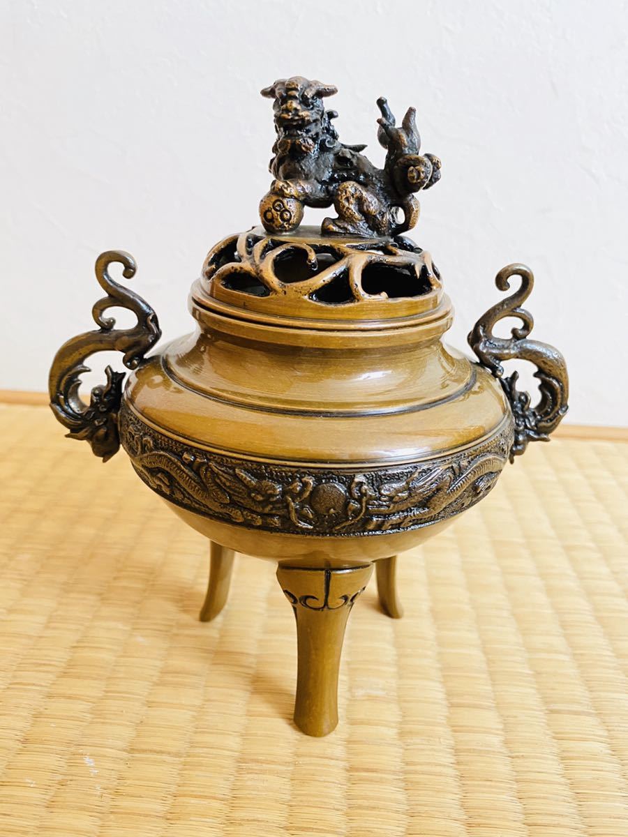 茶道具青銅製獅子香炉共箱