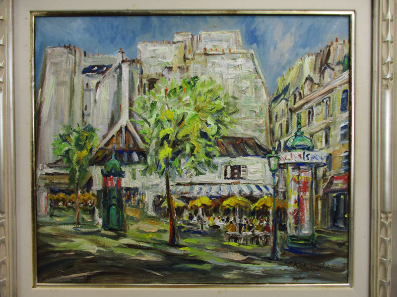 岸本喬夫 油彩画 街角（パリ）カフェの風景 岸本喬夫 油彩画 街角