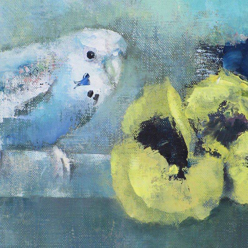 五百住乙人「インコ」キャンバスに油彩画 油絵 F3 直筆サイン入り 額縁