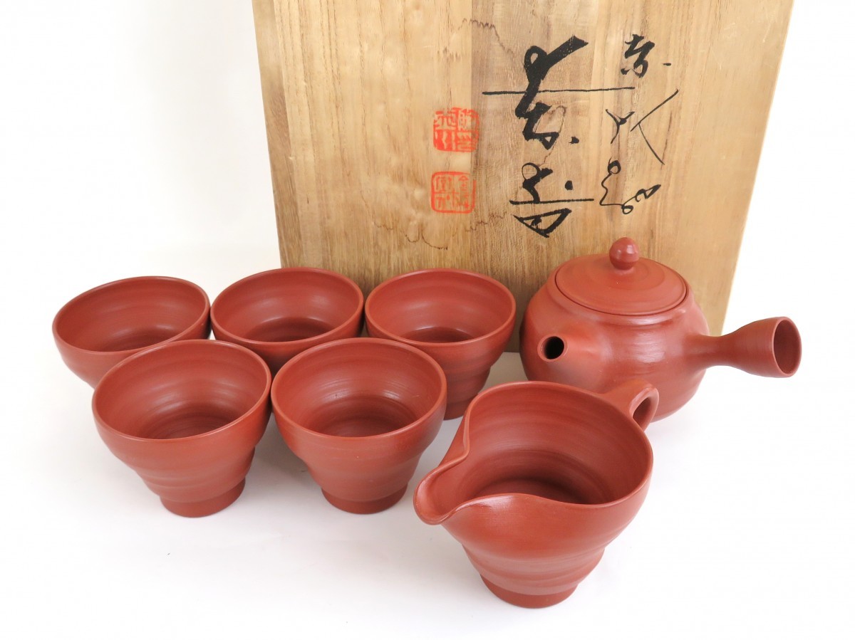 佐渡 無名異焼 三浦 常山 造 朱泥 茶器 急須 茶碗 湯冷 三点 箱無