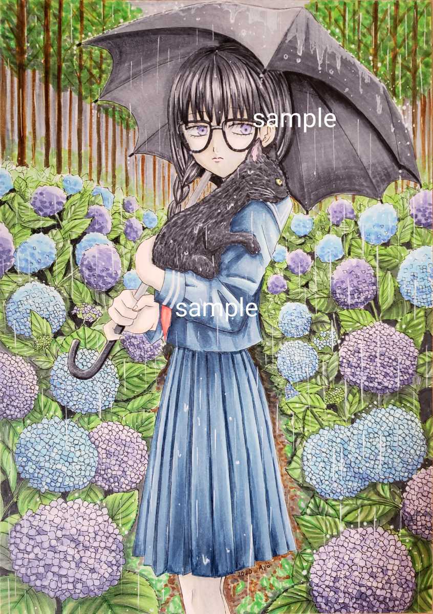 手描きイラスト水彩原画三つ編みの女の子136