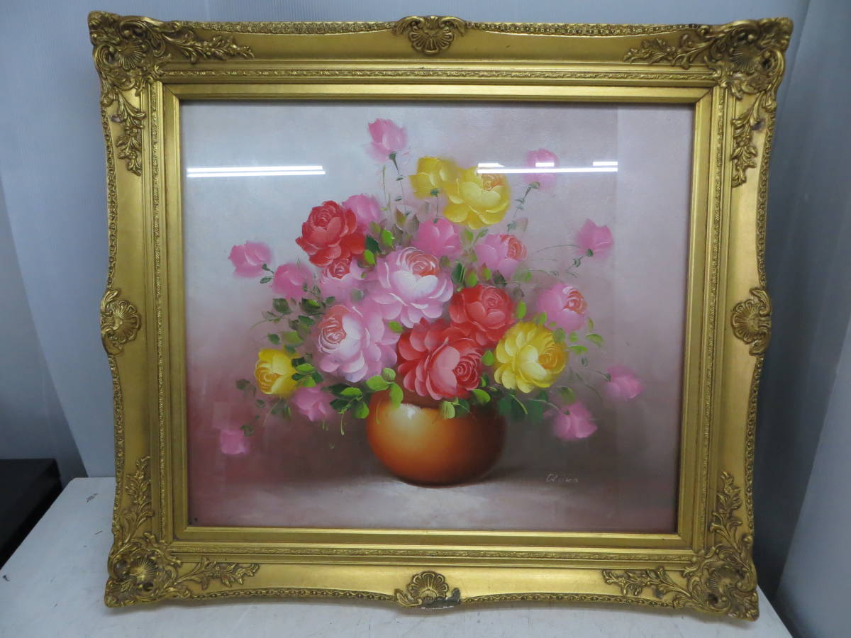 油彩画薔薇作者不明 146 絵画 油彩 油絵 静物画 薔薇 バラ 作者不明 額装