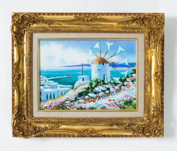 油彩画 洋画 (油絵額縁付きで納品対応可) P8号 「青い海のエーゲ海