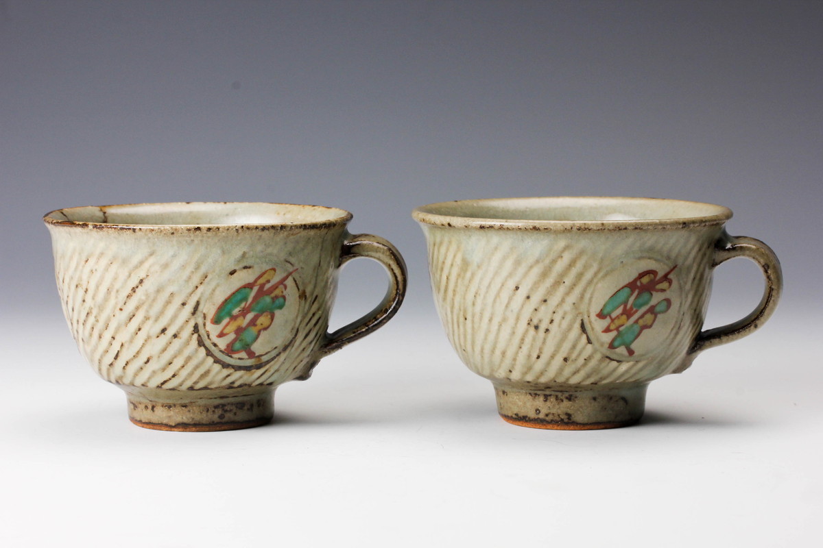 人間国宝 島岡達三 (象嵌赤繪草花文コーヒーセット)