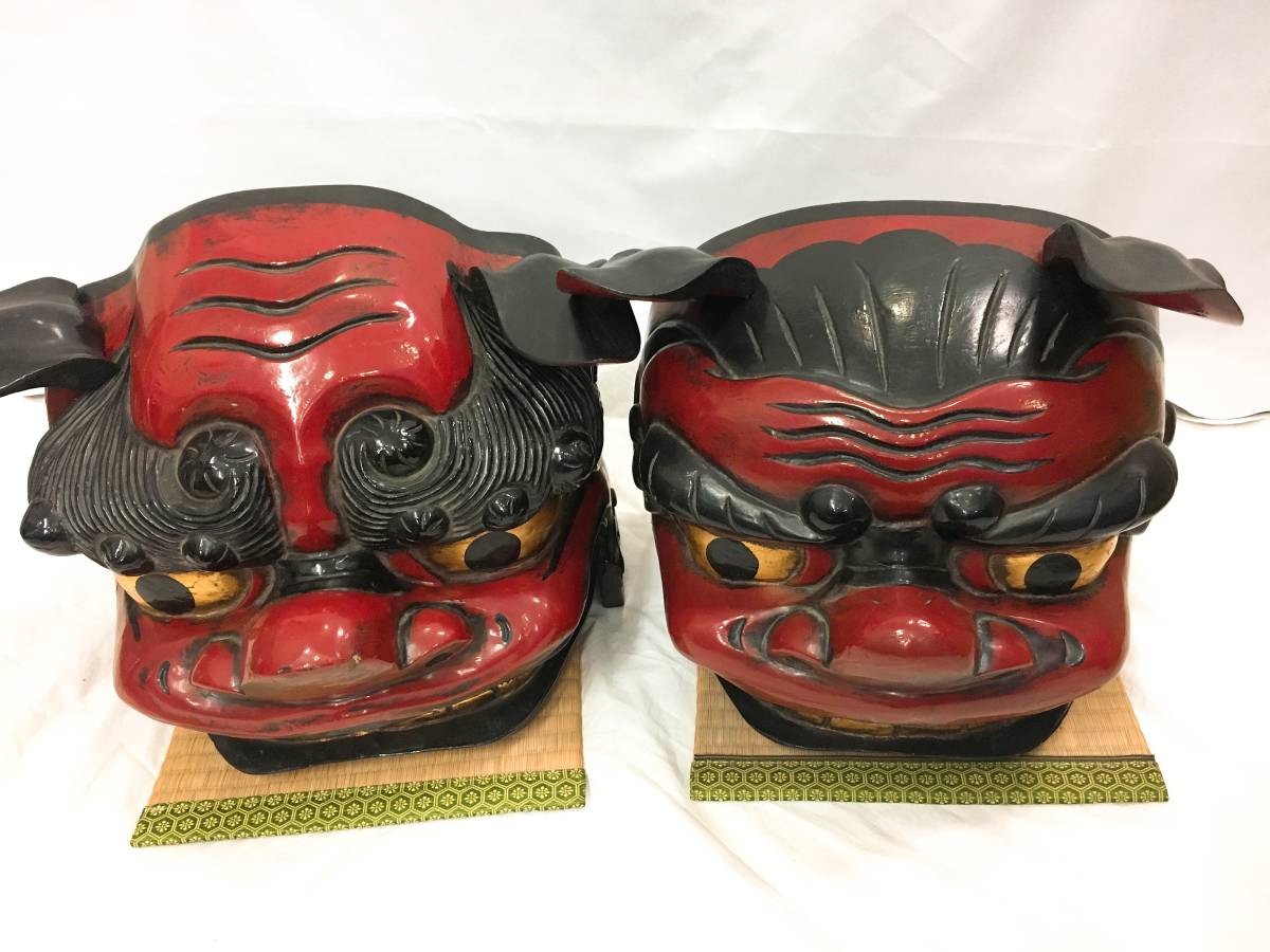 獅子頭 木彫り 飾り獅子頭 高さ約40cm 横約60㎝ 木彫 置物