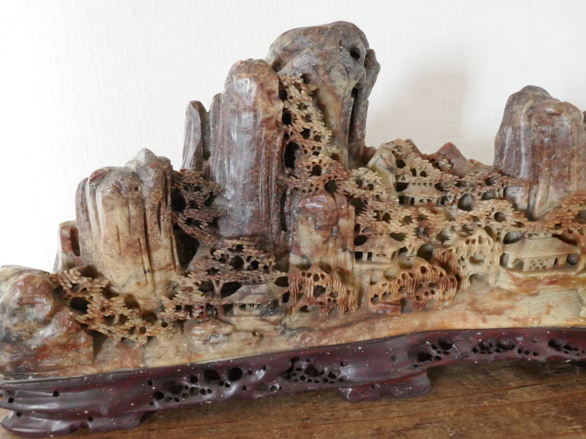 山水風景 石彫刻 中国美術 山水風景 壽山石彫 彫刻 置物 中国 彫刻