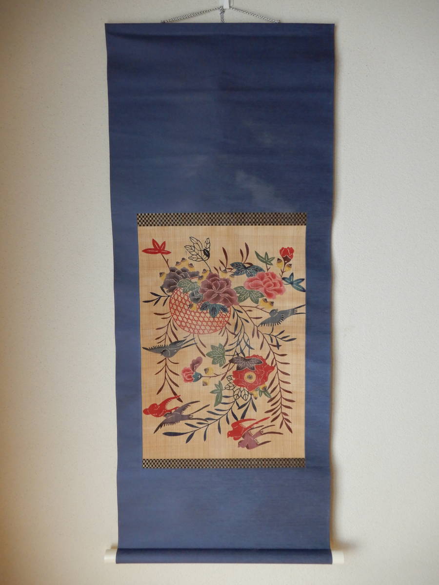 琉球伝統工芸 大判芭蕉布紅型『恵寿花鳥図』