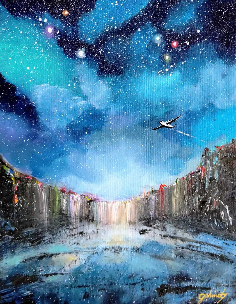 新藤淑子【夢追いクジラ】1点物。真作。原画。絵画。楕円キャンバス