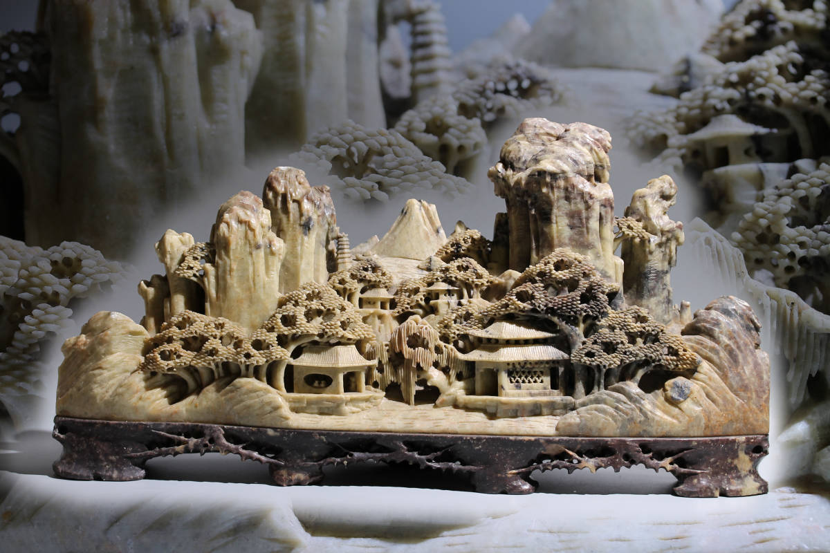 Yahoo!オークション 【櫻】中国美術 寿山石彫刻 山水楼閣図置物 特大