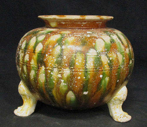 唐三彩】三彩鍑（ふく・獣足三脚噐)