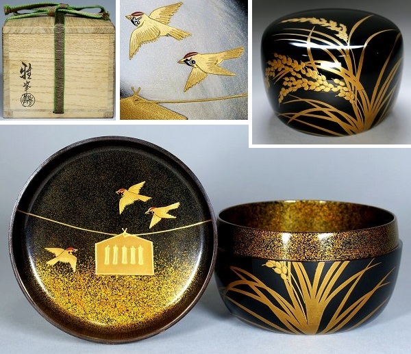 茶道具 二代 前端春斎 雅峯 鱗鶴蒔絵 吹雪 茶入 棗 漆 加賀蒔絵師