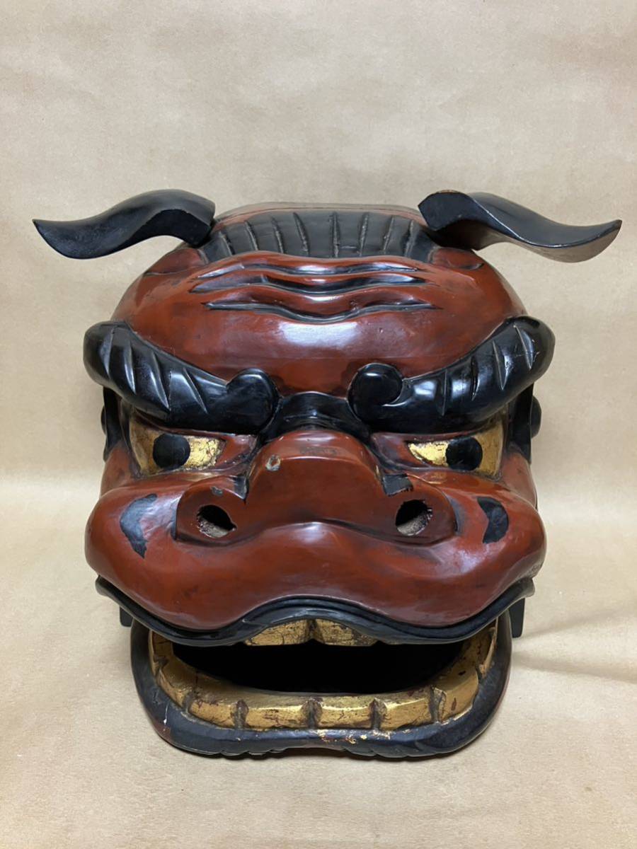 □時代物 獅子舞 獅子頭 宇津 権九郎 雄 雌 朱塗 金彩 木彫 伝統工芸