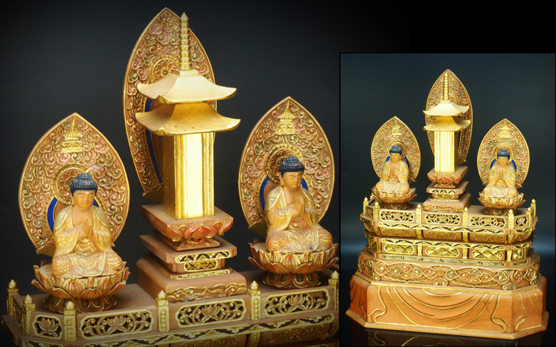 三宝尊 [極小#86] 題目宝塔 釈迦如来坐像 多宝如来坐像 ◇白檀 木彫