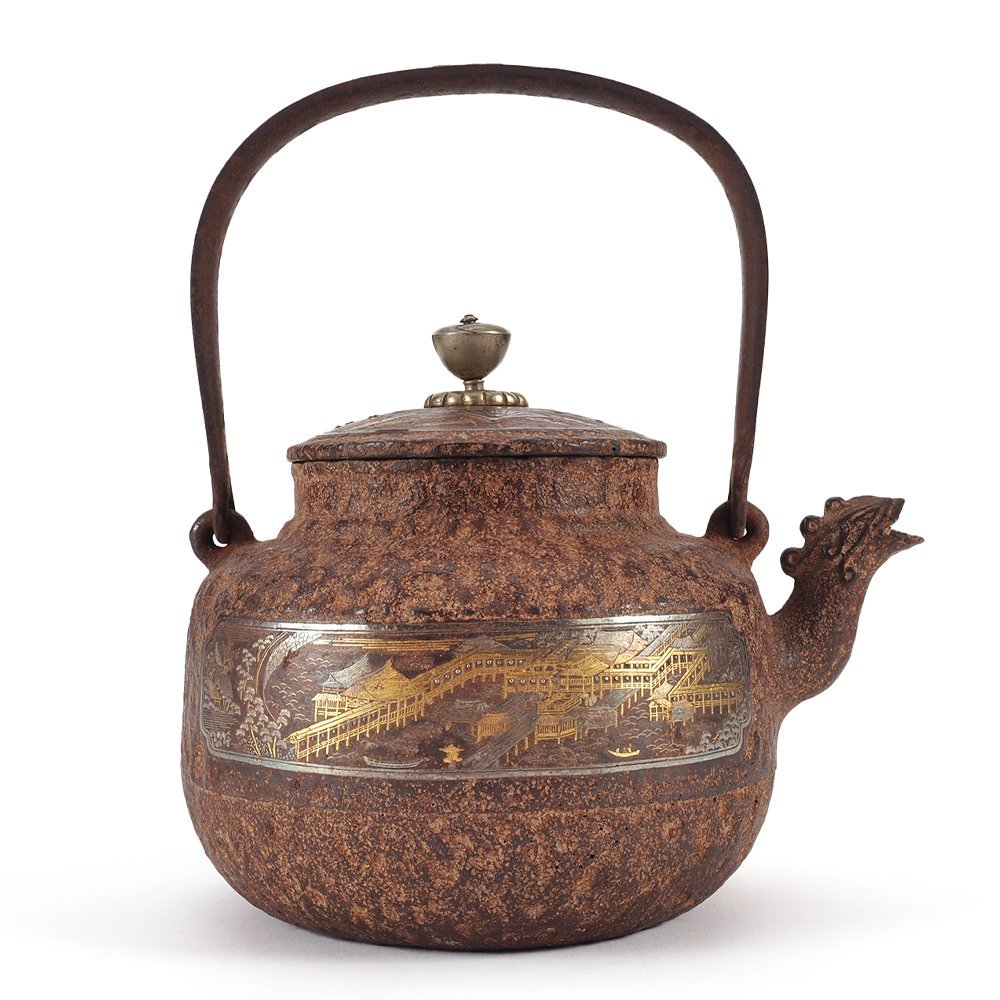 龍文堂 造 金銀象嵌 富士華鳥図 鉄瓶 茶道具