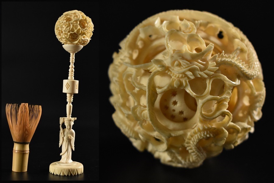 手彫り 多層球 天球 龍の置物 中国美術