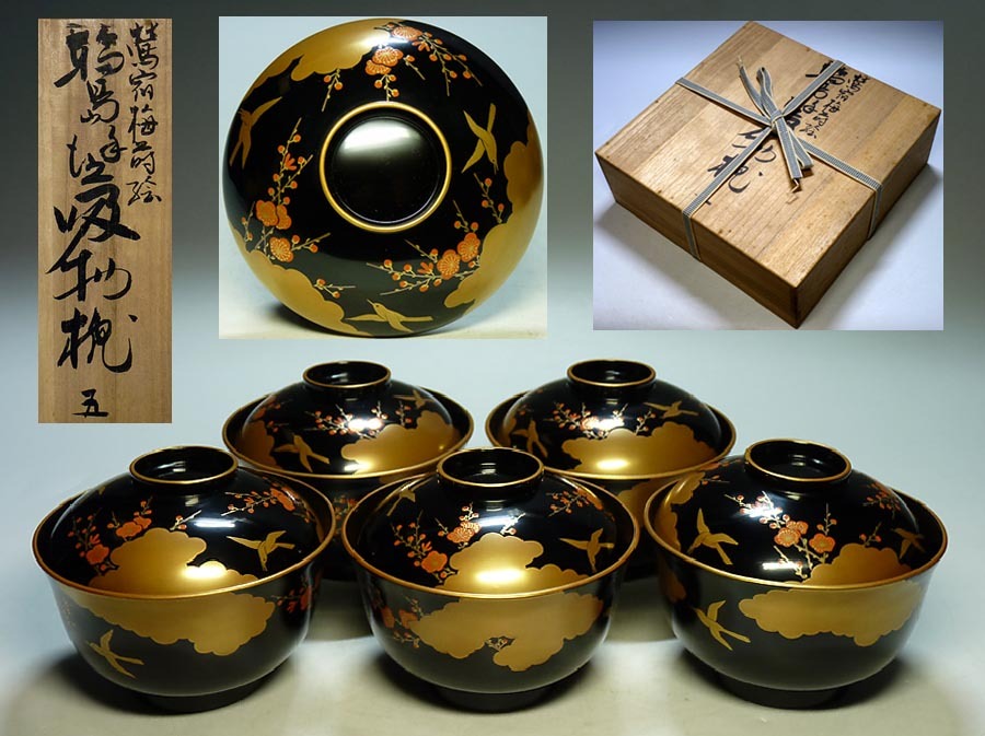 能登輪島塗 漆塗り蒔絵 木製蓋付椀 煮物椀5客セット共箱