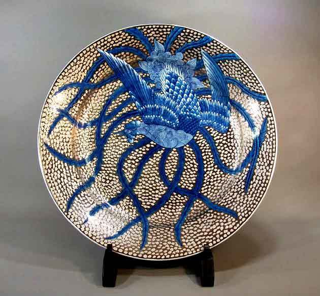 有田焼 神右エ門作 特大染綿唐獅子図大皿 飾皿 99.5㎝ 皿立付 骨董 古