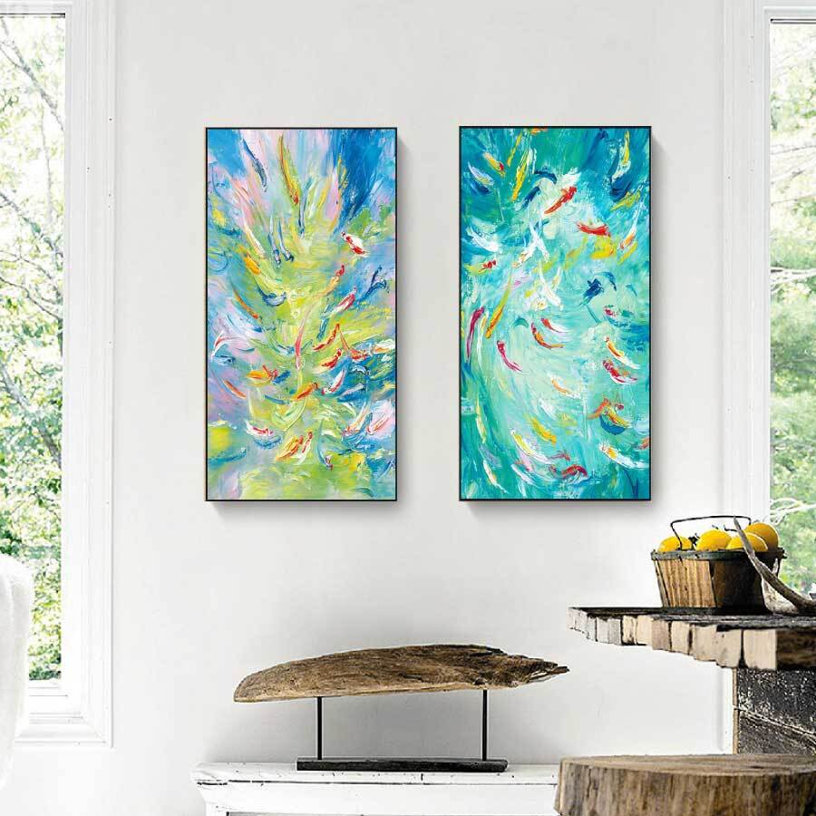 油絵 菅家令子 絵 絵画インテリア額付(青緑＋金色の枠) F4-071112