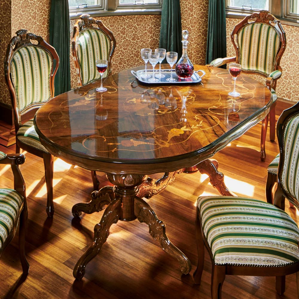 イタリア製 ダイニングテーブル 象嵌細工 鏡面 オーバル 楕円 食卓 猫