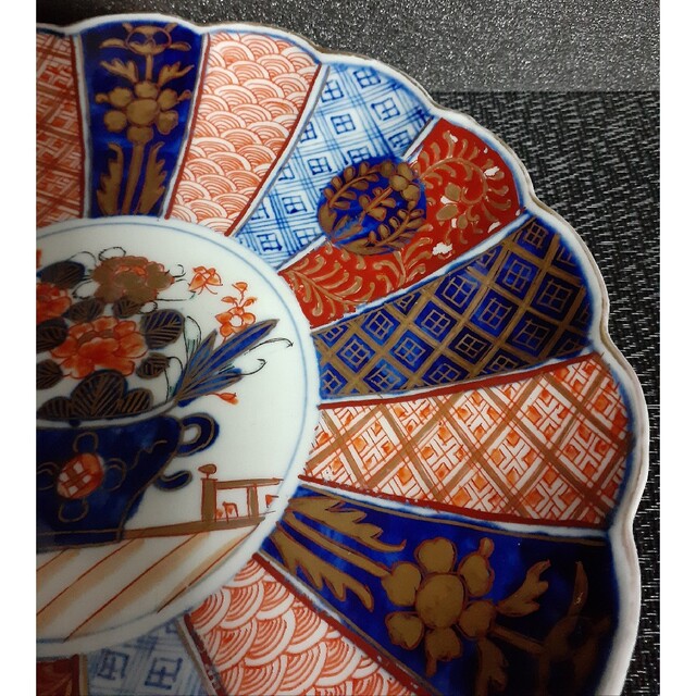 色絵付 皿 鳳凰 ねじり花弁縁 古伊万里 花文 唐草 銘 窯傷 イ