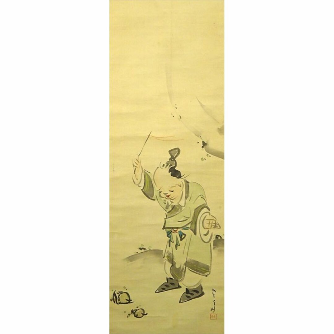 掛軸□扇絵人物会食坊主頭部発光之図 竹岱聖人？絹本 日本画 時代物