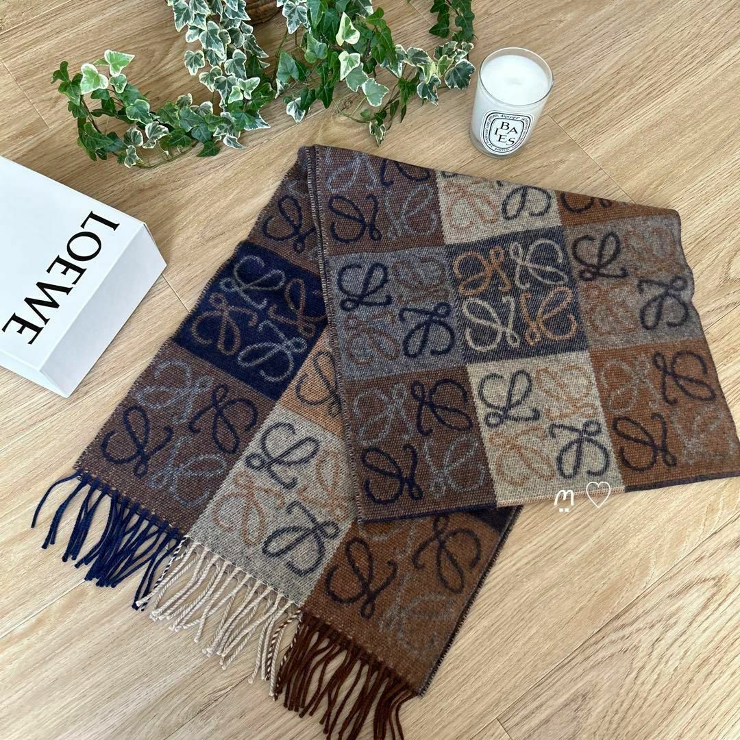 LOEWEロエベ チェッカーボードスカーフ マフラー アナグラム ウール