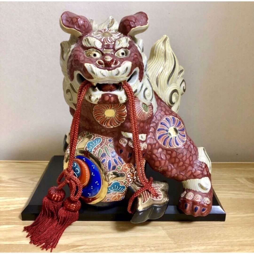希少 古美術 レトロ 九谷焼 シーサー 玉獅子 置物 金彩眼 狛犬 守り神