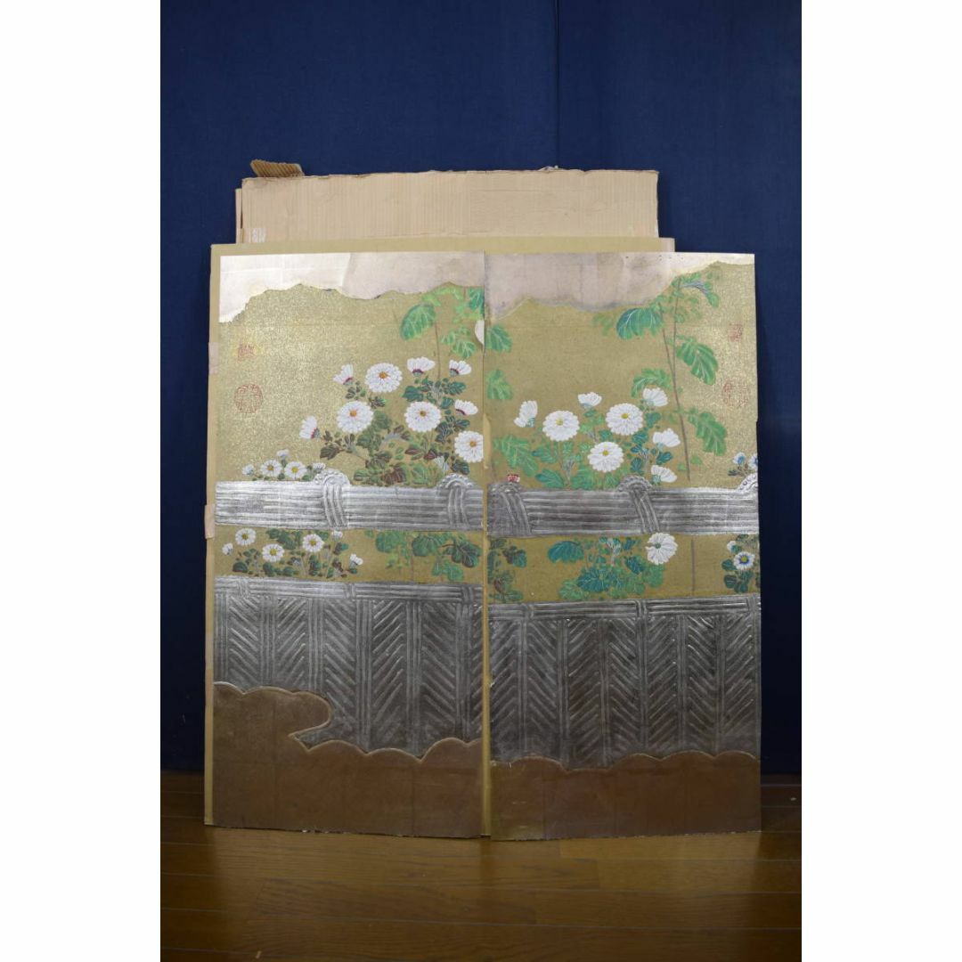 模写】伊藤若冲/菊図/屏風ハガシ/二曲用マクリ/掛軸☆宝船☆Z-367