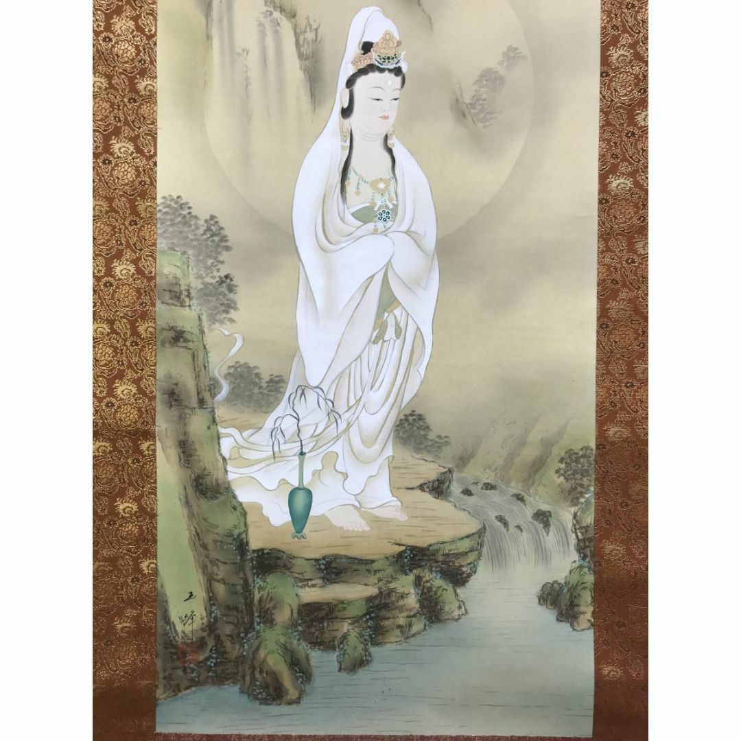 瓩36） 在銘 掛軸 岩上観音図 絹本 約183×46.5㎝ 真作