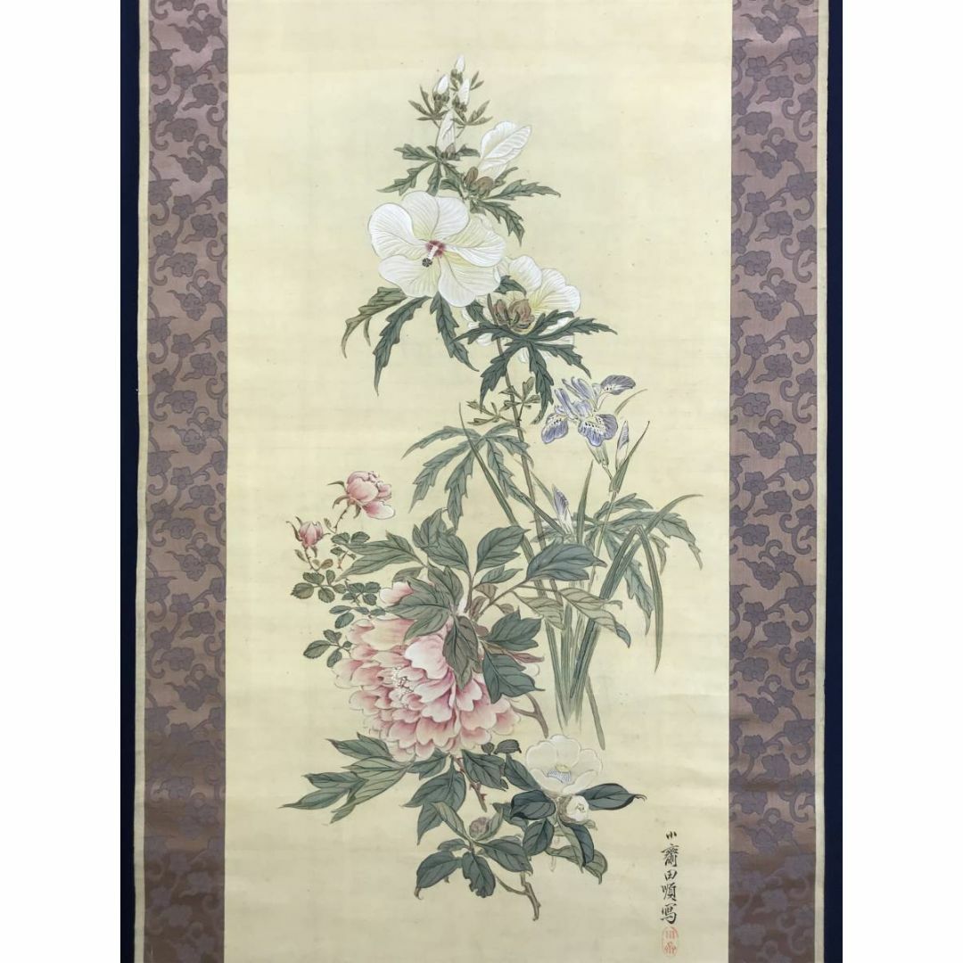 真作】田能村小齋/牡丹草花図/花図/牡丹図/掛軸☆宝船☆