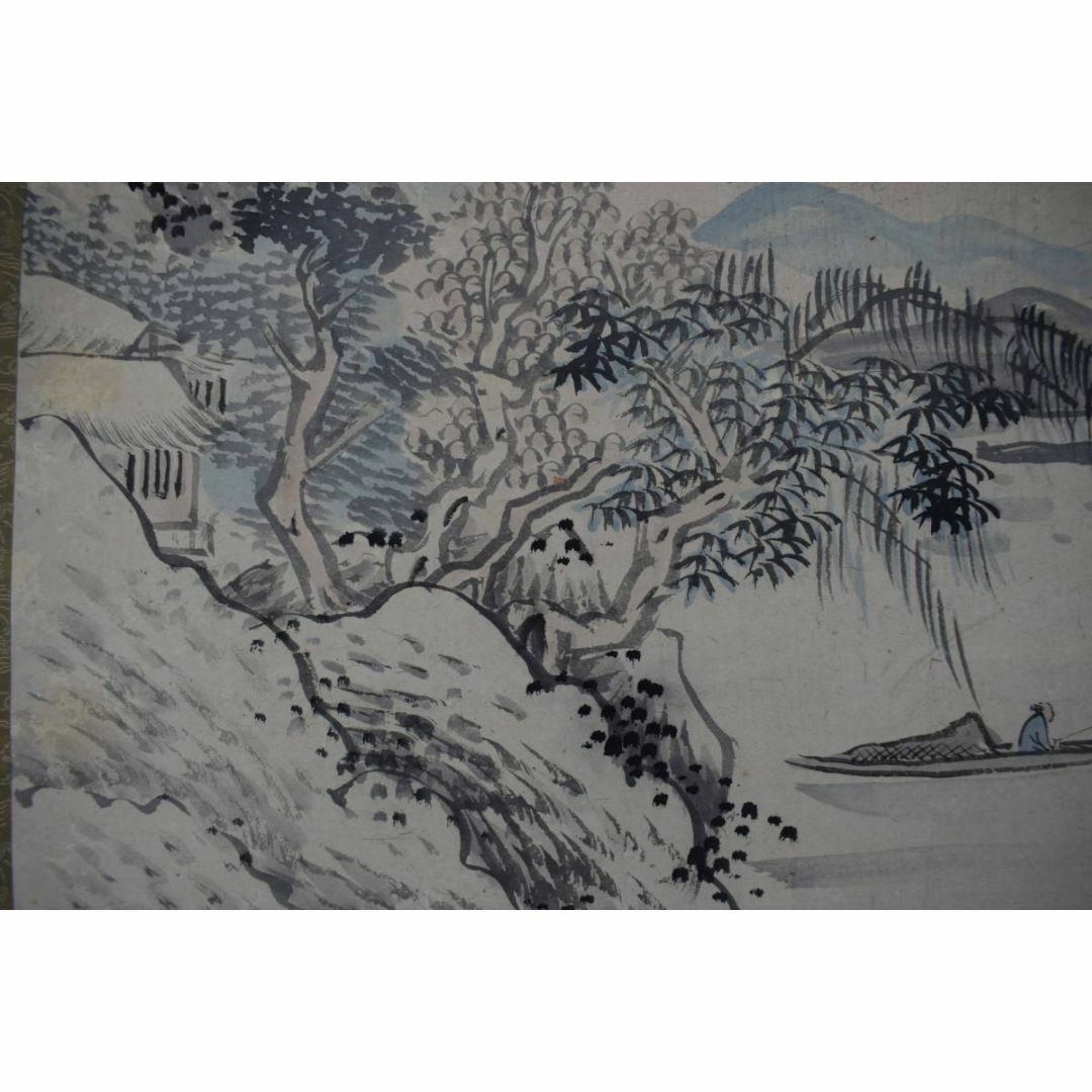 真作/福田半香/秋湖独釣図/秋景山水図/横物/掛軸