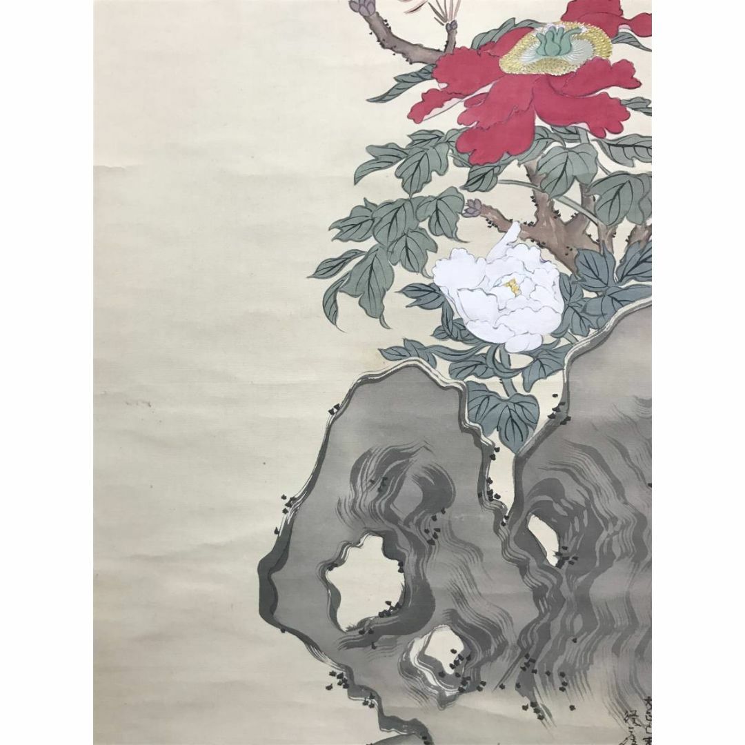 真作/姫島竹外/寿山長生/牡丹図/花図/横物/掛軸/名家伝来/