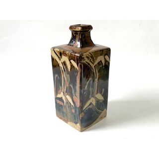 益子焼 浜田庄司 柿釉きび文角瓶 浜田庄司 柿釉きび文角瓶 人間国宝 民