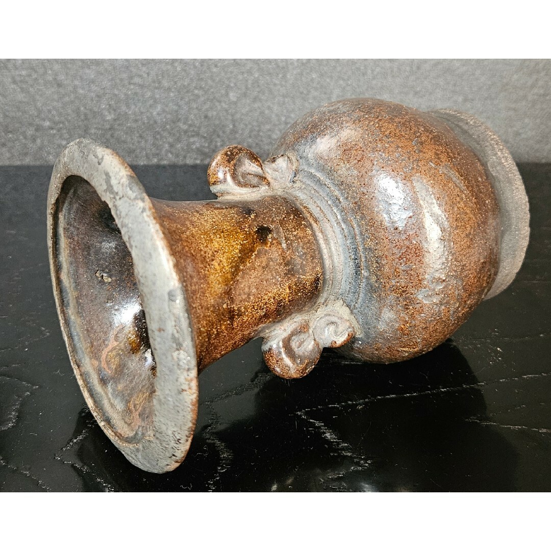 江戸時代 古唐津系 双耳 褐釉 鉄釉 広口 花入れ 花生け 花瓶